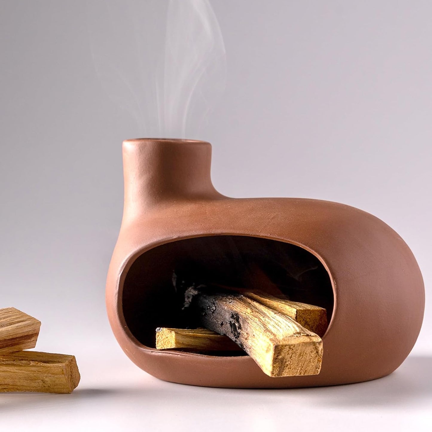 Terracotta Palo Santo Holder - Modern Chiminea Incense Burner for Yoga, Meditation, and Energy Cleansing - Wood Sticks Dish, Sage Ash Catcher, Smudge Bowl, Cone Burner - Unique Meditation Gift