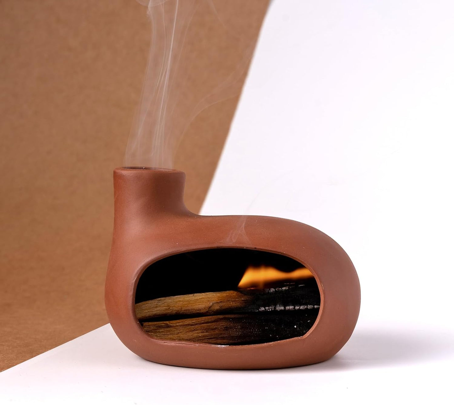 Terracotta Palo Santo Holder - Modern Chiminea Incense Burner for Yoga, Meditation, and Energy Cleansing - Wood Sticks Dish, Sage Ash Catcher, Smudge Bowl, Cone Burner - Unique Meditation Gift