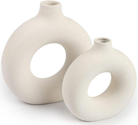 Set of 2 Modern White Ceramic Vases – Boho Home Decor