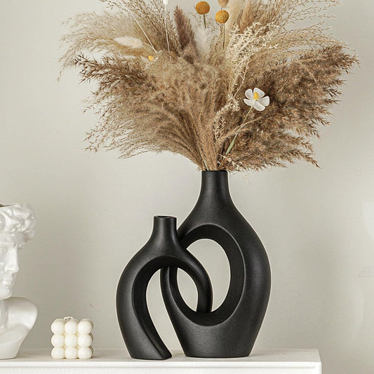 Set of 2 Xl Matte Black Ceramic Vases – Boho Home Decor