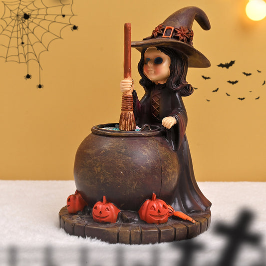 Pumpkin Skeleton Witch Resin Figurine – Cauldron Potion Decor for Holiday and Garden