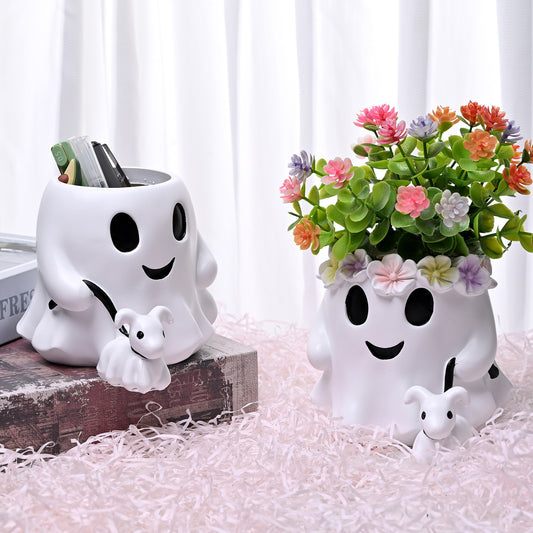 Garden Ghost Flower Pot Decoration – Halloween Resin Ornament for Tabletop and Storage