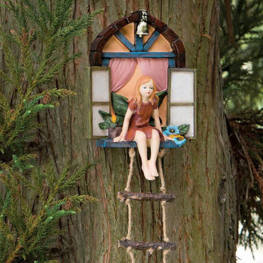 Garden Cute Fairy Climbing Ladder Resin Wall Hanging – Creative Outdoor Courtyard Decoration